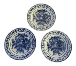 19th Century Blue & White Delft Faience Plates Pottery - Set of 3