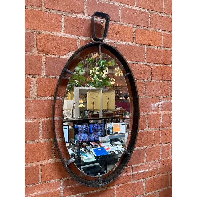 1970s Vintage Oval Iron Frame Wall Mirror With Hanging Loop For Sale - Image 5 of 10