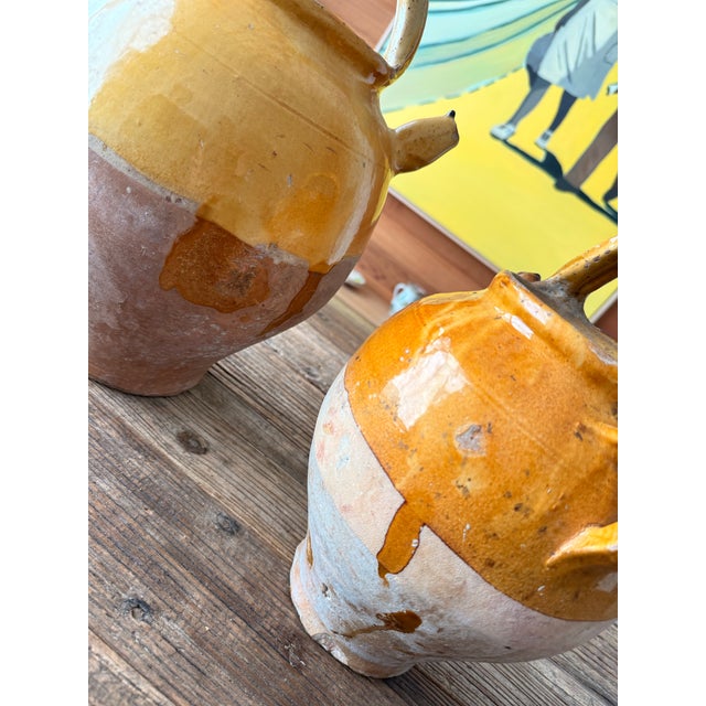 French 19th Century Antique Glazed Yellow Confit, Cruche Pot, Gargolette With Top Handle and Spout- A Pair For Sale In San Antonio - Image 6 of 12