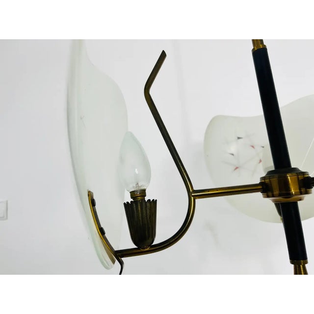 Black Italian Midcentury Brass and Glass 3-Arm Sputnik Chandelier, 1950s For Sale - Image 8 of 11
