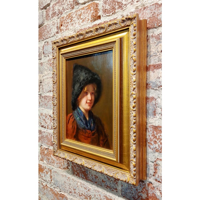 Emma Muller -19th C. Portrait of a Young Blonde W/A Furry Hat-Oil Painting For Sale In Los Angeles - Image 6 of 9