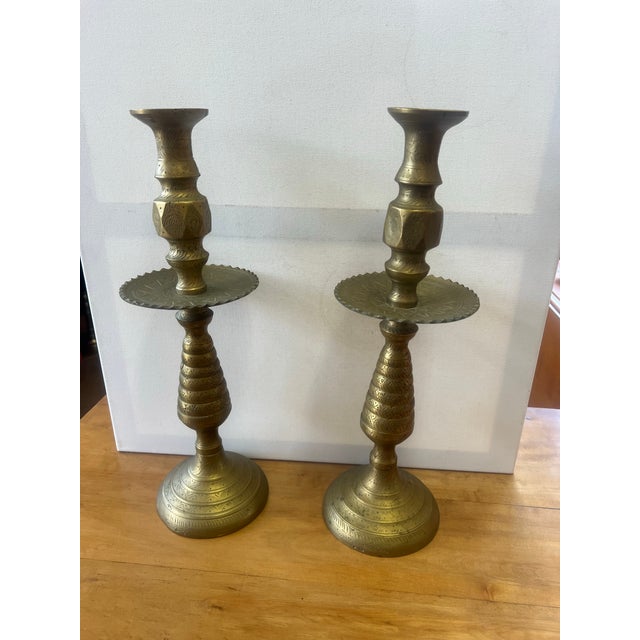 16 1/2" tall solid brass Moroccan Brass Candlesticks 5" diameter mid tray