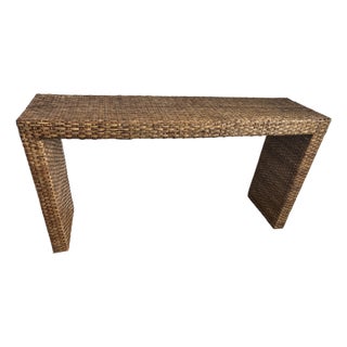 Farmhouse Coastal Rattan Console Table For Sale