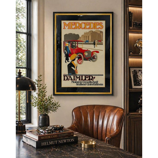 Striking and highly decorative vintage lithograph advertising poster for Mercedes-Benz, featuring an early Daimler...