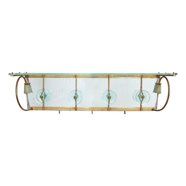 Italian Fontana Arte Style Brass + Glass Wall Mounted Coat Rack, 1950s For Sale