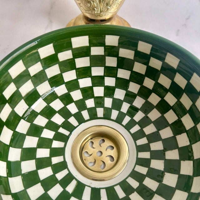 White Green Bohemian Check Paint Vessel Sink with Brass Drain For Sale - Image 8 of 8