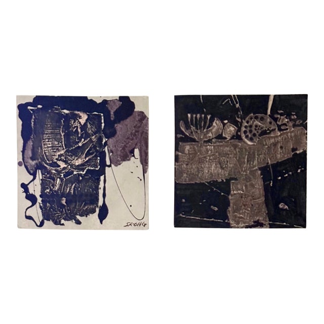 1970s Borje Skohg Gustavsberg Silvered Polychrome Stoneware Abstract Modenist Wall Reliefs -- Offered as a Pair For Sale