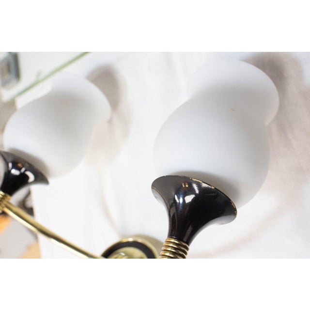 French Double Sconces in Brass and Black Metal with Opaline Glass Shades, 1960s, Set of 2 For Sale - Image 13 of 15