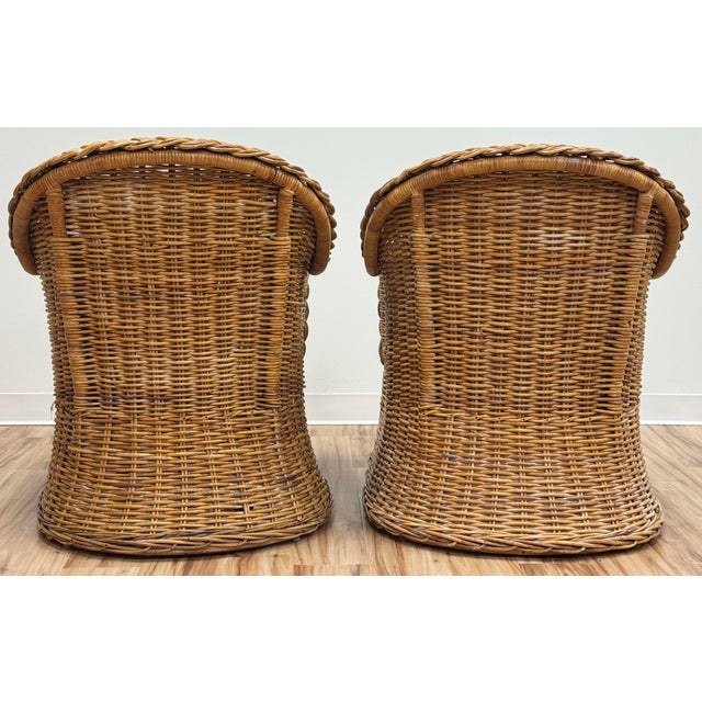 Brown Vintage Braided Wicker Club Chair Pair With Ottoman For Sale - Image 8 of 16