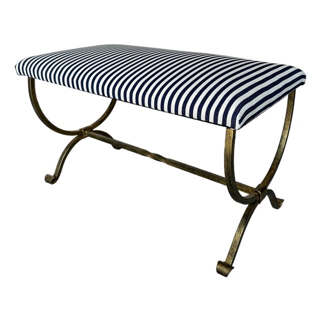 Vintage Inspired Spanish Gilt Iron Bench With Scrolled Base and Striped Ticking Upholstery For Sale