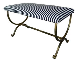 Vintage Inspired Spanish Gilt Iron Bench With Scrolled Base and Striped Ticking Upholstery