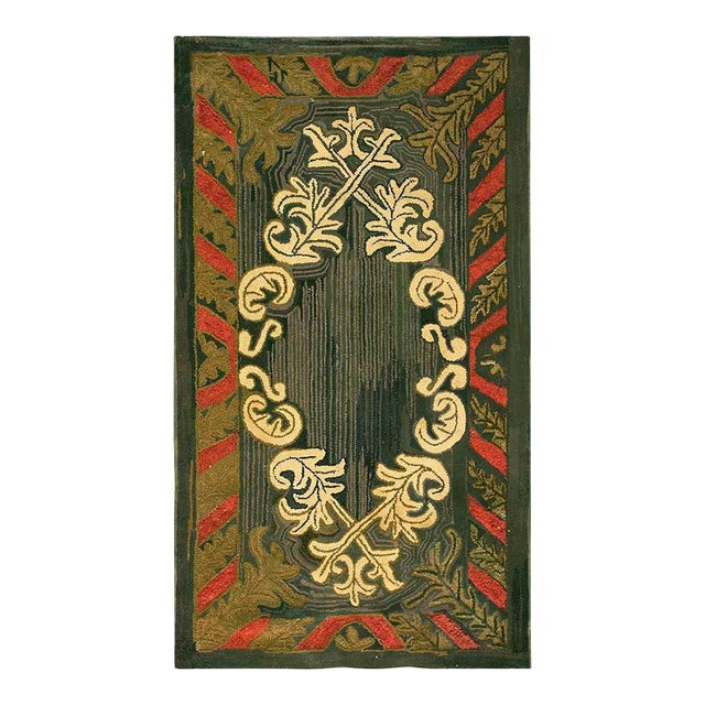 1930s Brown Medallion Folk Art Antique American Hooked Rug 2'8" X 4'8" Handknotted Wool Carpet For Sale