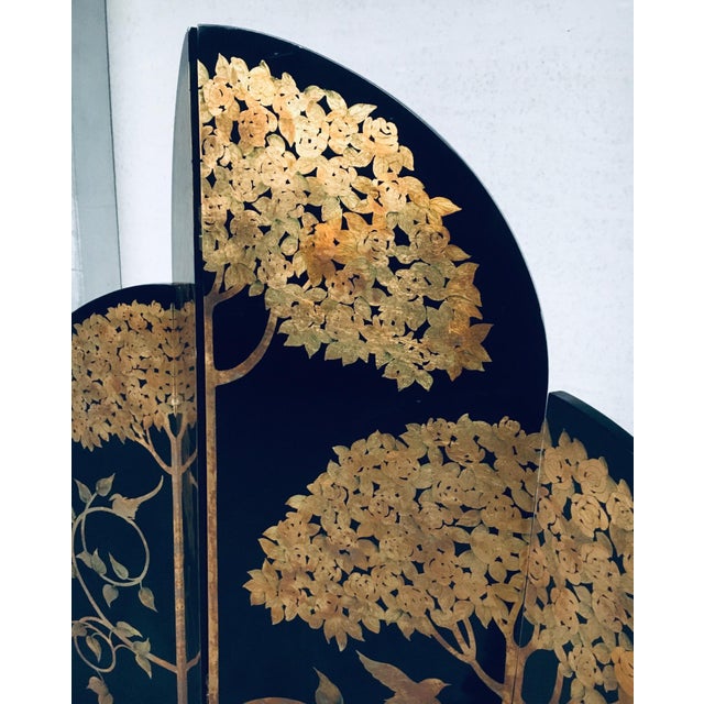 Asian Art Deco Revival Black and Gold Leaf Room Divider, 1980s For Sale - Image 14 of 18