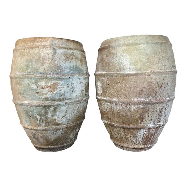 Pair of Antique Mediterranean Terracotta Storage Jars With Weathered Patina For Sale