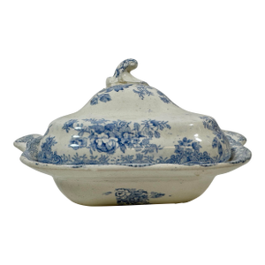Antique 19th Century Double Handled Asiatic Pheasants Light Blue Transfer-Ware Covered Tureen/Serving Dish From England - Circa 1880