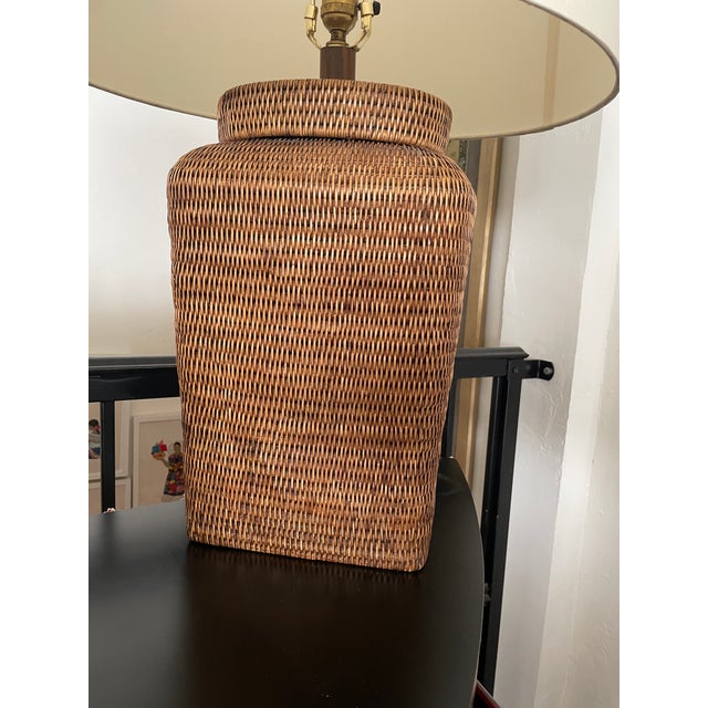 Large Woven Rattan Table Lamp With Silk Shade For Sale - Image 9 of 11