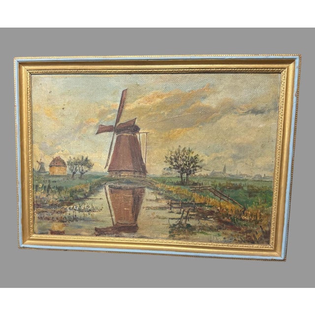 Vintage Country Landscape Windmill Oil Painting on Artists Board For Sale - Image 4 of 10