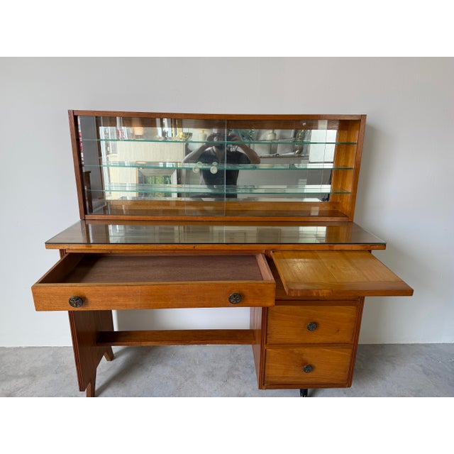 Brown 1950’s Mid-Century Modern Solid Wood Desk With Glass Top and Wall Mounted Display Shelf For Sale - Image 8 of 12