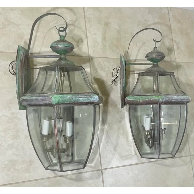Pair of Vintage Solid Brass Wall Lantern For Sale In Miami - Image 6 of 11