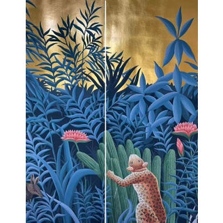 36" * H96" * 2ps, Hand-Painted Vintage Jaguar Tropical Jungle Mural, Gilded Tropical Wallpaper, Henri Rousseau Jungle Mural For Sale