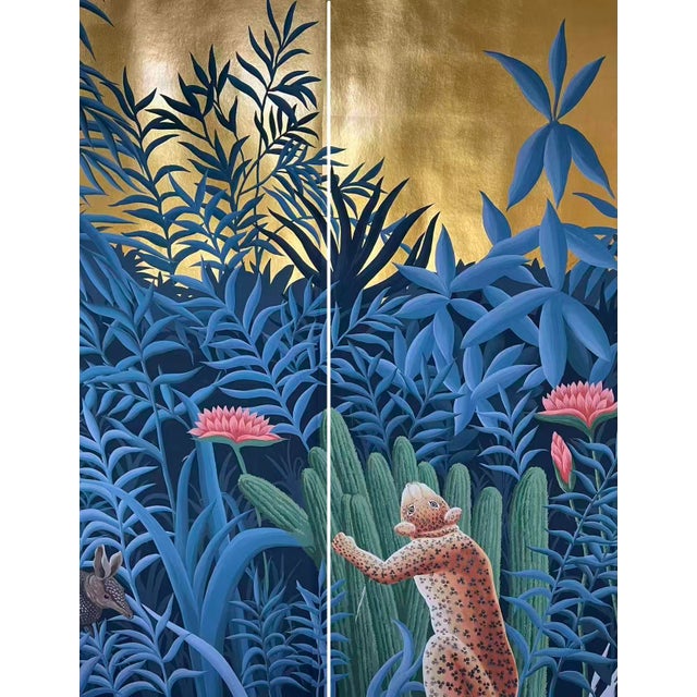 36" * H96" * 2ps, Hand-Painted Vintage Jaguar Tropical Jungle Mural, Gilded Tropical Wallpaper, Henri Rousseau Jungle Mural For Sale