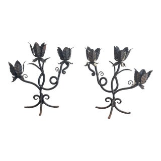 1950s Pair of Wrought Iron Candle Holders For Sale