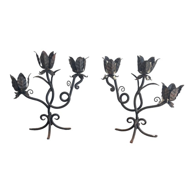 1950s Pair of Wrought Iron Candle Holders For Sale