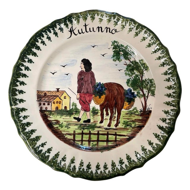 Ceramic Set of Four Vintage Italian Hand-Painted Faience "Four Seasons" Ceramic Plates For Sale - Image 7 of 12