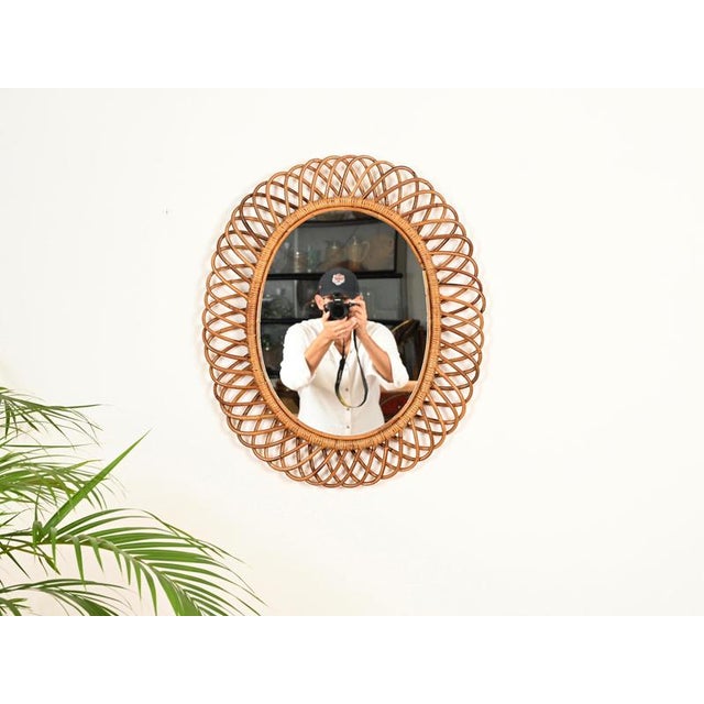 Wood Large Oval Mirror in Bamboo, Rattan and Wicker by Franco Albini, Italy, 1970s For Sale - Image 7 of 11