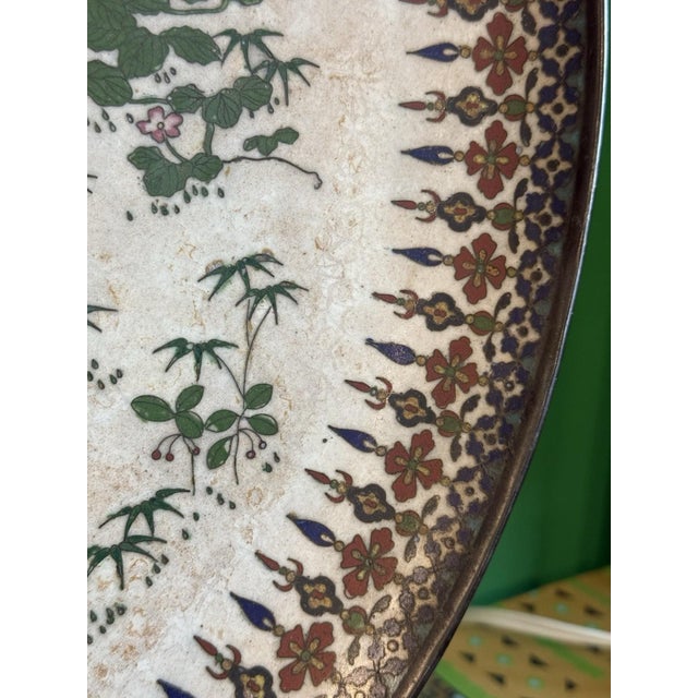 Paint Early Meiji Japanese Cloisonne Enamel Charger White Ground Pheasant and Peonies For Sale - Image 7 of 14