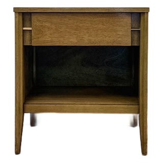 Mid Century Nightstand Single Drawer Open Cubby Gray Wood Tone Tapered Leg For Sale