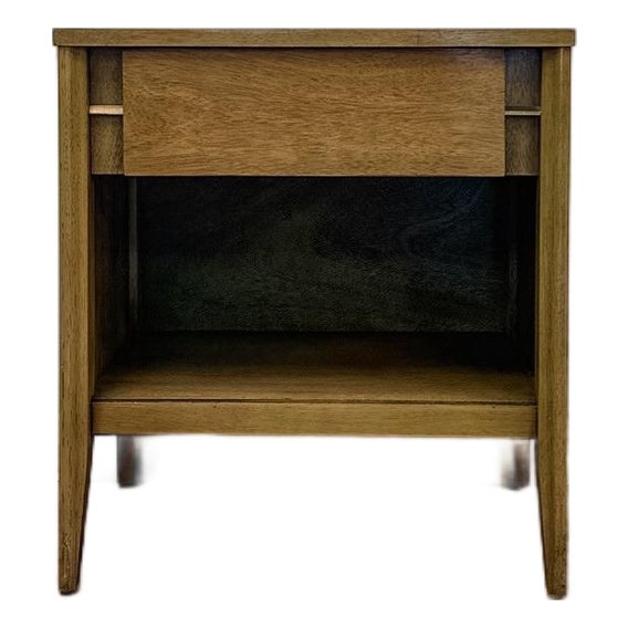 Mid Century Nightstand Single Drawer Open Cubby Gray Wood Tone Tapered Leg For Sale