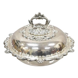 Vintage English Victorian Ornate Round Silver Plated Covered Serving Dish For Sale