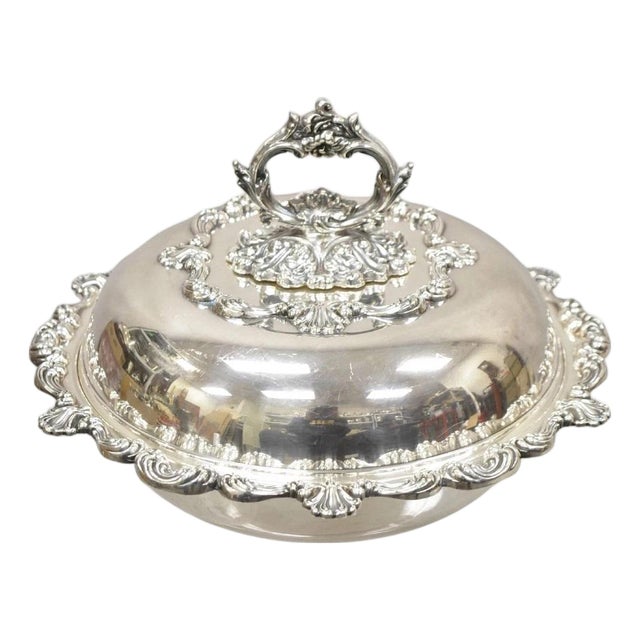 Vintage English Victorian Ornate Round Silver Plated Covered Serving Dish For Sale