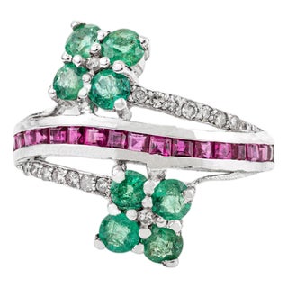 925 Silver Emerald, Ruby & Diamond Double Flower Bypass Ring With Centre Band - Size 7 For Sale