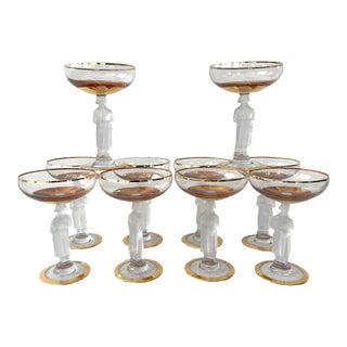 Rare 1920s French Art Deco Napoleon Crystal and 24k Gold Bayel Champagne Glasses For Sale