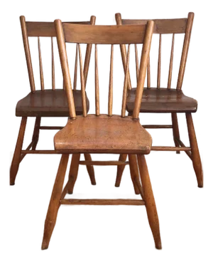 Early 19th Century American Primitive Farmhouse Plank Seat and Spindle Chairs- Three