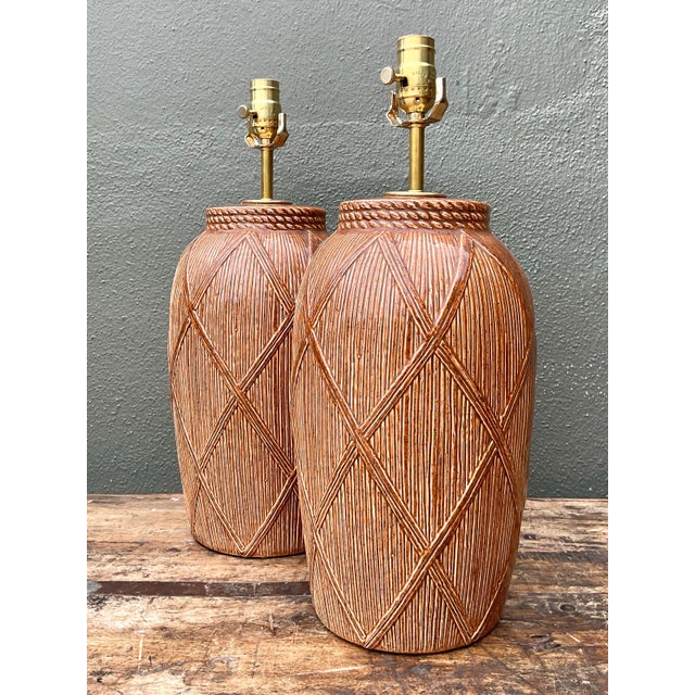 Vintage Textured Ceramic Lamps - A Pair For Sale - Image 12 of 12