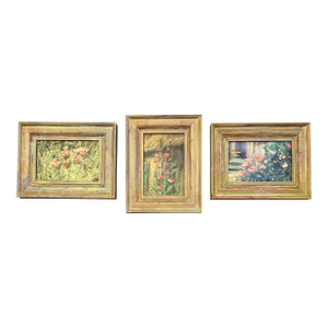 1950’s 3 Original Small Garden Landscape Small Paintings Distressed Wood Frames-Set of 3