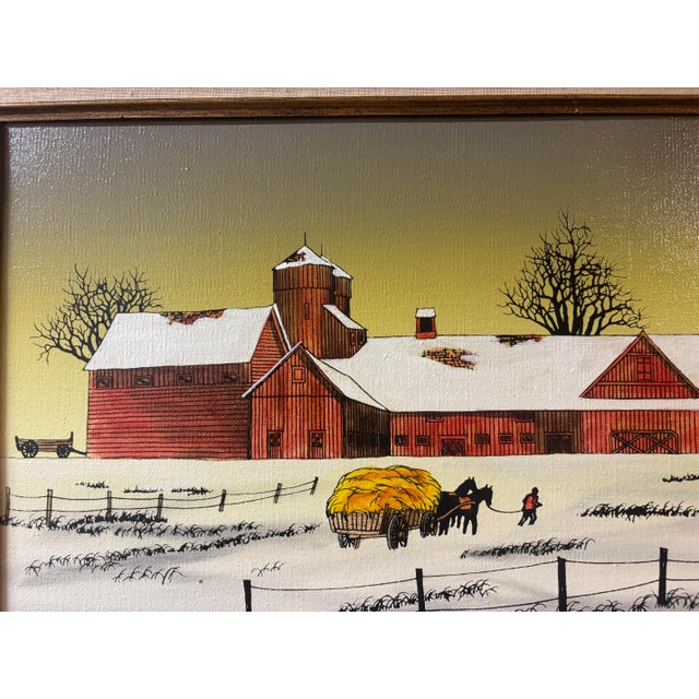 Signed H. Hargrove Winter Farm Landscape Oil Painting With Attached Gallery Light For Sale - Image 9 of 9