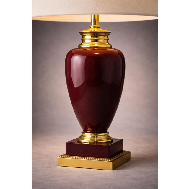 Late 20th Century Vintage Hollywood Regency Burgundy Ceramic & Brass Urn Table Lamp — 33” For Sale - Image 5 of 5