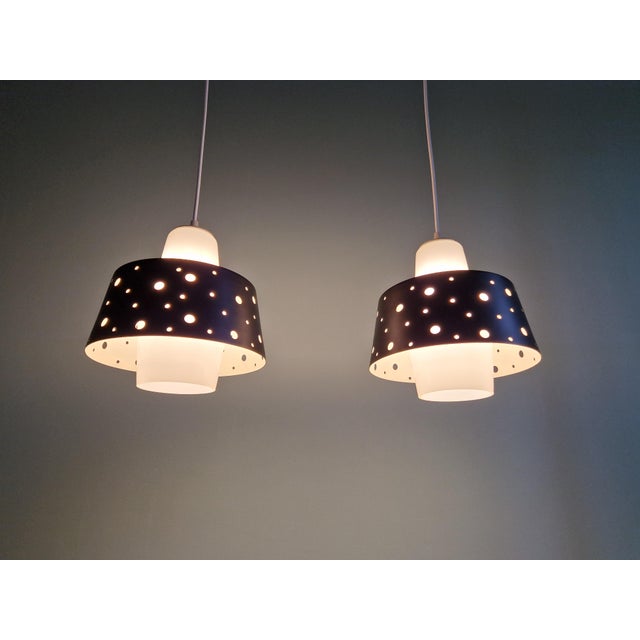 Vintage Scandinavian Pendant Lights in White Opaline and Black Lacquered Metal, 1960, Set of 2 For Sale - Image 4 of 17