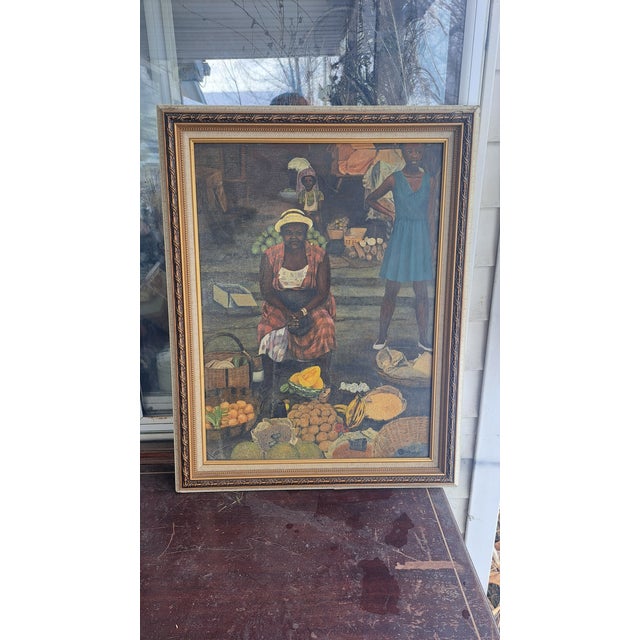 aftican american midcentury 1967 signed and dated original oil painting of women of color set in a village market, frame...