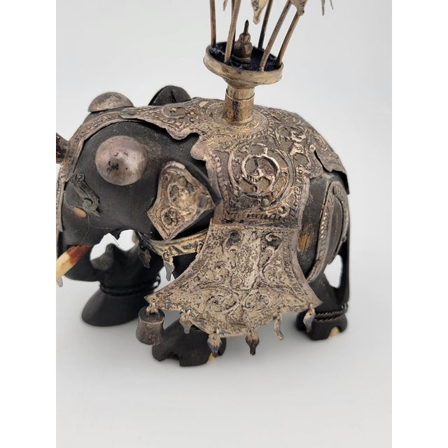 Rare Antique Indian Ebony Silver Overlay Jeweled Elephant W Real Ruby Stone. For Sale In Houston - Image 6 of 18