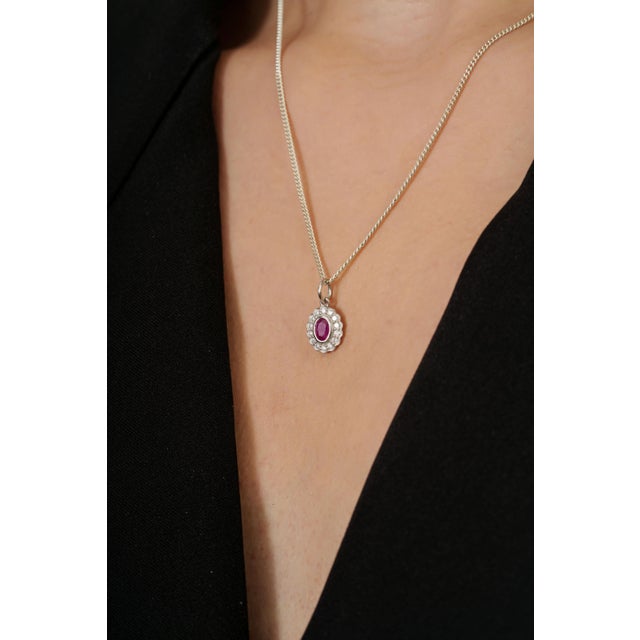 Victorian-Inspired Red Ruby & Diamond Halo Charm Pendant in 14k White Gold For Sale In New York - Image 6 of 15