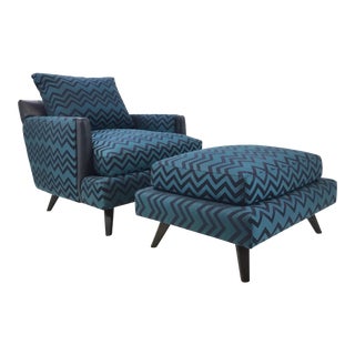 Drexel Heritage Modern Blue Herringbone Chapin Chair and Ottoman Set For Sale