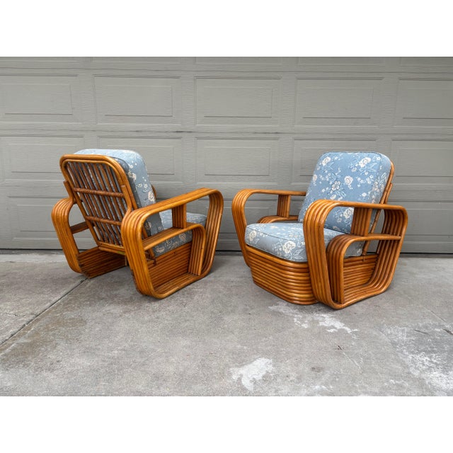 Great pair of 1950's era Paul Frankl style rattan / bamboo 5-band lounge club arm chairs with label: "Fookloon" (possibly...