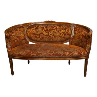 Vintage Louis XVI Style Carved Barrel-Back Settee With Nailhead Trim For Sale