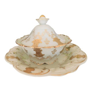 Antique Mitterteich Bavaria Cream & Gold Encrusted Porcelain Tureen, With Under Plate- 3 Piece Set For Sale