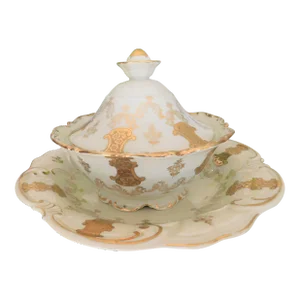 Antique Mitterteich Bavaria Cream & Gold Encrusted Porcelain Tureen, With Under Plate- 3 Piece Set